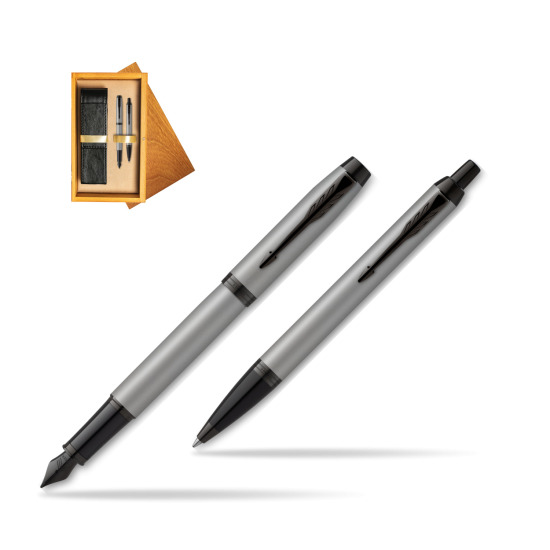 Parker IM Achromatic Grey Penna Stilografica +  Penna a Sfera Set regalo in double wooden box Honey Double Ecru
