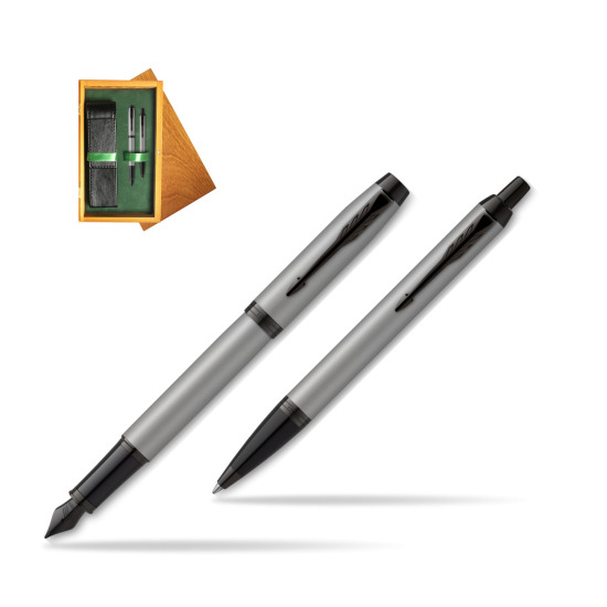 Parker IM Achromatic Grey Penna Stilografica +  Penna a Sfera Set regalo in double wooden box Honey Green
