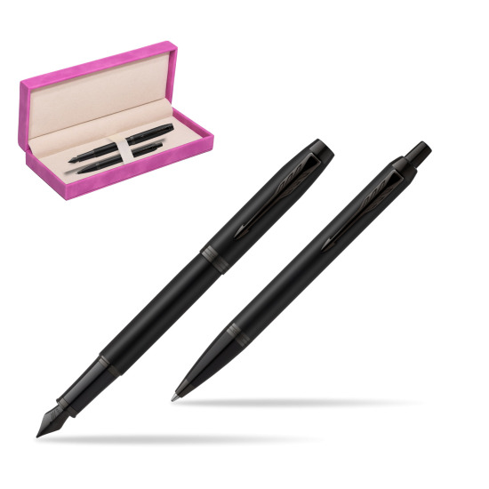Parker IM Achromatic Black Penna Stilografica +  Penna a Sfera Set regalo in suede box fuchsia