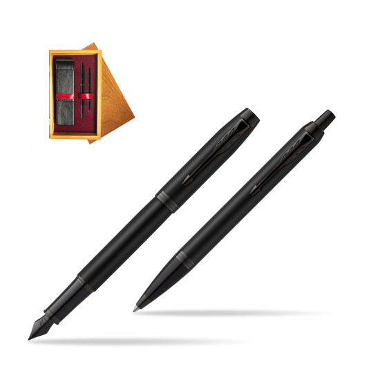 Parker IM Achromatic Black Penna Stilografica +  Penna a Sfera Set regalo in double wooden box Honey Double Maroon