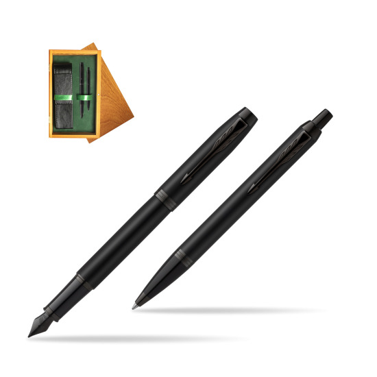Parker IM Achromatic Black Penna Stilografica +  Penna a Sfera Set regalo in double wooden box Honey Green