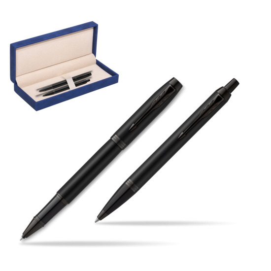 Parker Rollerball + Ballpoint Pen Gift Set IM Achromatic Black in suede box navy blue