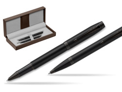 Parker Rollerball + Ballpoint Pen Gift Set IM Achromatic Black in the brown leather box