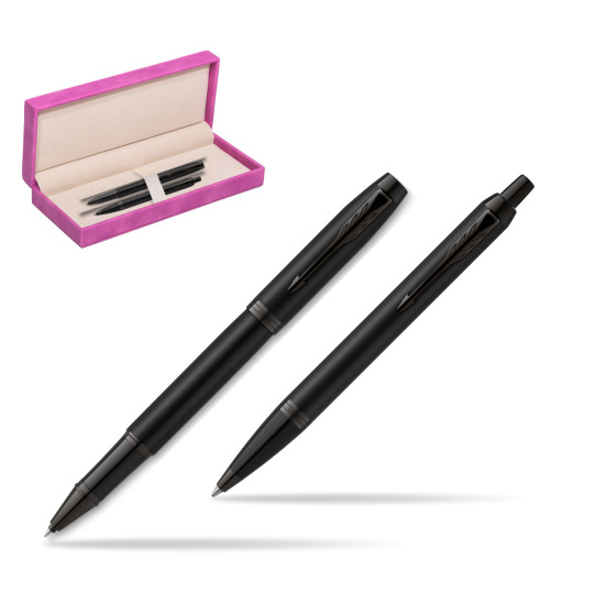 Parker Rollerball + Ballpoint Pen Gift Set IM Achromatic Black in suede box fuchsia