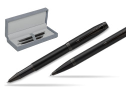 Parker Rollerball + Ballpoint Pen Gift Set IM Achromatic Black in suede box grey