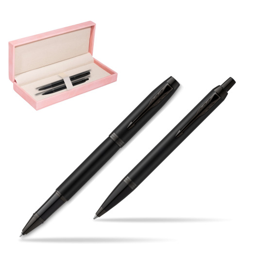 Parker Rollerball + Ballpoint Pen Gift Set IM Achromatic Black in suede box pink