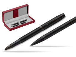 Parker Rollerball + Ballpoint Pen Gift Set IM Achromatic Black in the red leather box