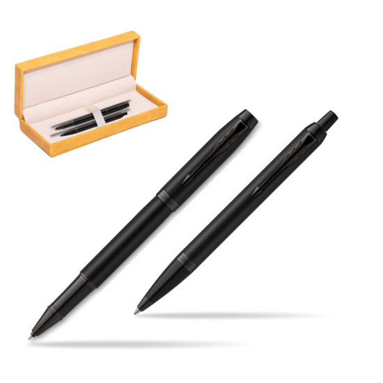 Parker Rollerball + Ballpoint Pen Gift Set IM Achromatic Black in suede box yellow