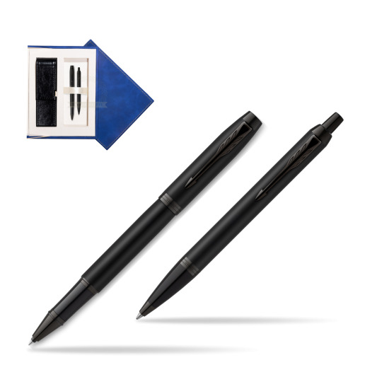 Parker Rollerball + Ballpoint Pen Gift Set IM Achromatic Black in suede box navy blue