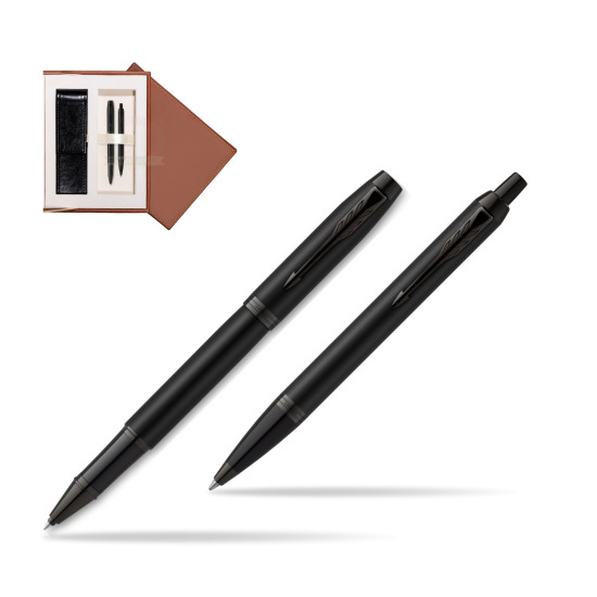 Parker Rollerball + Ballpoint Pen Gift Set IM Achromatic Black in suede box brown