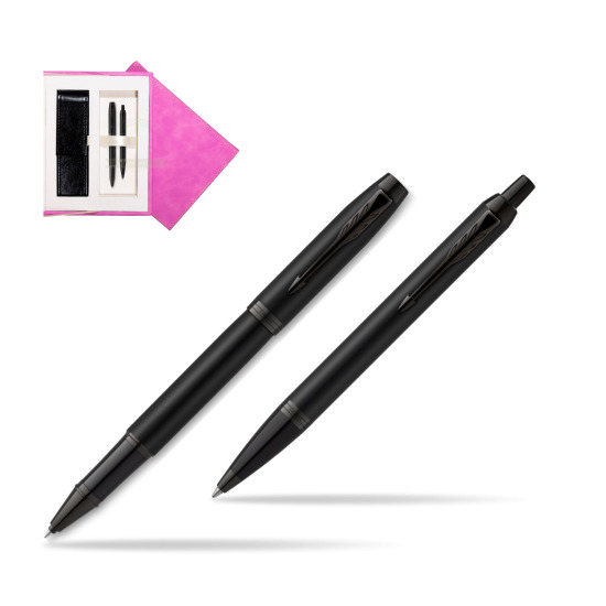 Parker Rollerball + Ballpoint Pen Gift Set IM Achromatic Black in suede box fuchsia