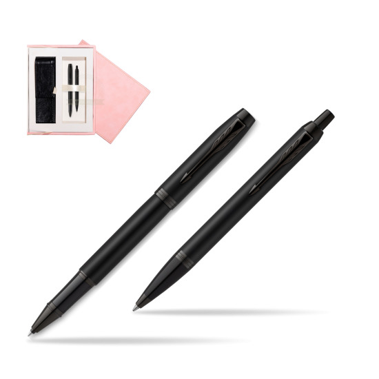 Parker Rollerball + Ballpoint Pen Gift Set IM Achromatic Black in suede box pink