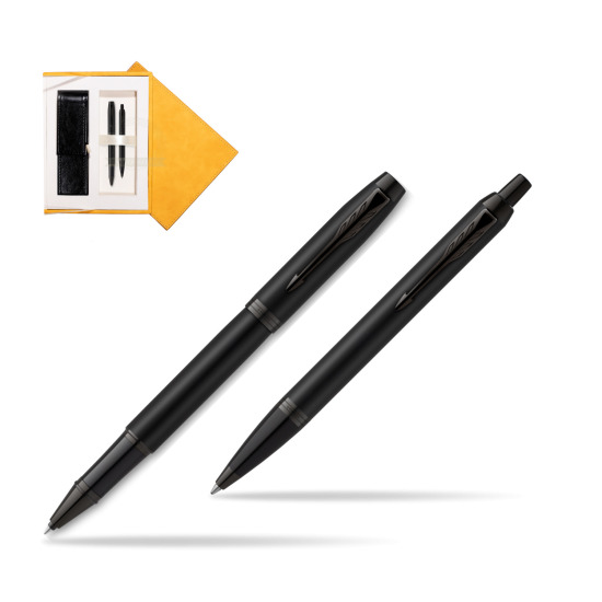 Parker Rollerball + Ballpoint Pen Gift Set IM Achromatic Black in suede box yellow