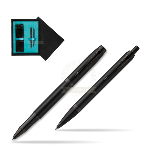 Parker Rollerball + Ballpoint Pen Gift Set IM Achromatic Black in double wooden box Black Double Turquoise