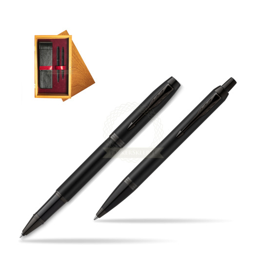 Parker Rollerball + Ballpoint Pen Gift Set IM Achromatic Black in double wooden box Honey Double Maroon