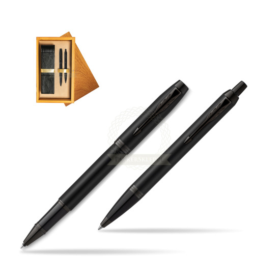 Parker Rollerball + Ballpoint Pen Gift Set IM Achromatic Black in double wooden box Honey Double Ecru