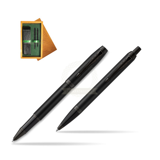 Parker Rollerball + Ballpoint Pen Gift Set IM Achromatic Black in double wooden box Honey Green