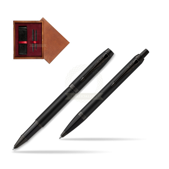 Parker Rollerball + Ballpoint Pen Gift Set IM Achromatic Black in double wooden box Mahogany Double Maroon