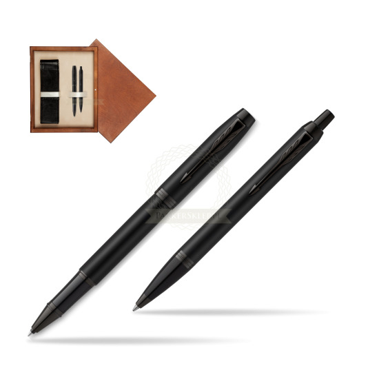 Parker Rollerball + Ballpoint Pen Gift Set IM Achromatic Black in double wooden box Mahogany Double Ecru