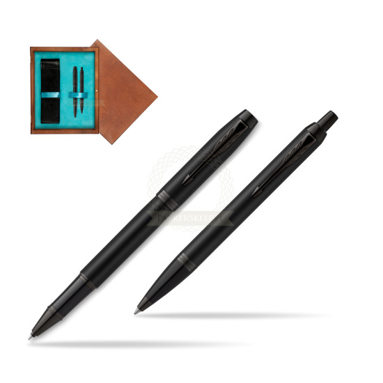 Parker Rollerball + Ballpoint Pen Gift Set IM Achromatic Black in double wooden box Mahogany Double Turquoise 