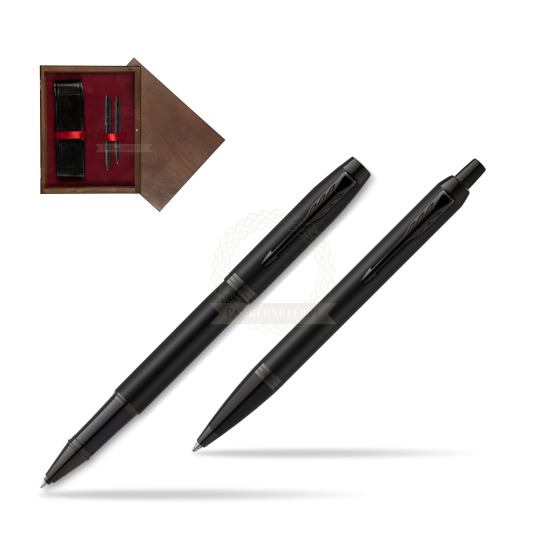 Parker Rollerball + Ballpoint Pen Gift Set IM Achromatic Black in double wooden box Wenge Double Maroon