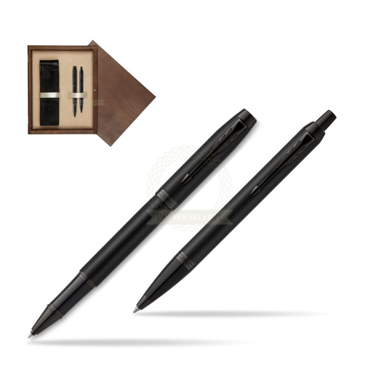 Parker Rollerball + Ballpoint Pen Gift Set IM Achromatic Black in double wooden box Wenge Double Ecru