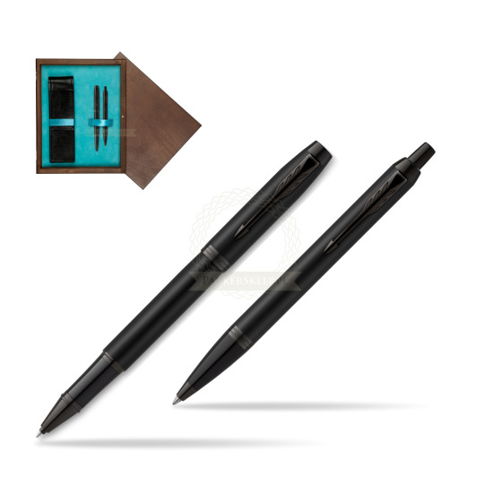 Parker Rollerball + Ballpoint Pen Gift Set IM Achromatic Black in double wooden box Wenge Double Turquoise 