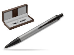 IM Achromatic Gray ballpoint pen in the brown leather box