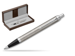 Parker IM Essential Stainless Steel CT Ballpoint Pen in the brown leather box