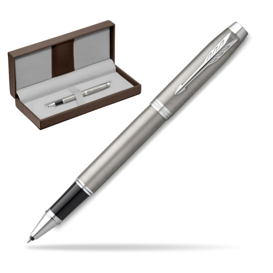 Parker IM Essential Stainless Steel CT Rollerball Pen in the brown leather box