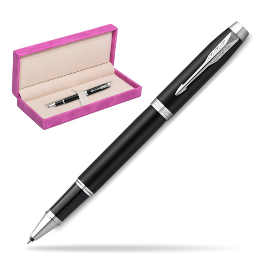 Parker IM Essential Matt Black CT Rollerball Pen in suede box fuchsia