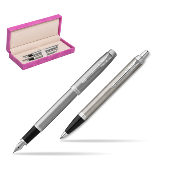 IM Essential Stainless Steel CT Fountain Pen + Ballpoint Pen SET in suede box fuchsia