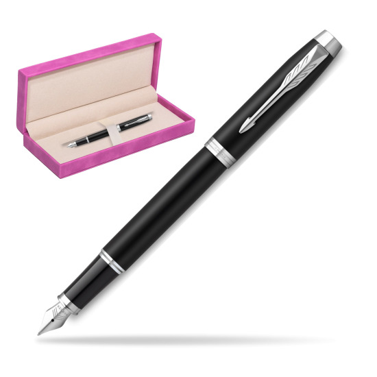 Parker IM Essential Black Matt CT Fountain Pen in suede box fuchsia