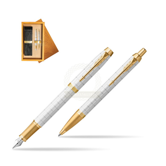 IM Premium Pearl GT Fountain Pen + Ballpoint Pen SET in double wooden box Honey Double Ecru