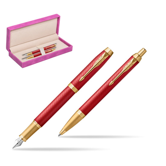 Parker IM Premium Red GT  Penna Stilografica +  Penna a Sfera Set regalo in suede box fuchsia
