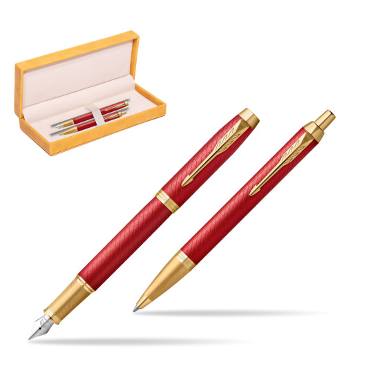 Parker IM Premium Red GT  Penna Stilografica +  Penna a Sfera Set regalo in suede box yellow