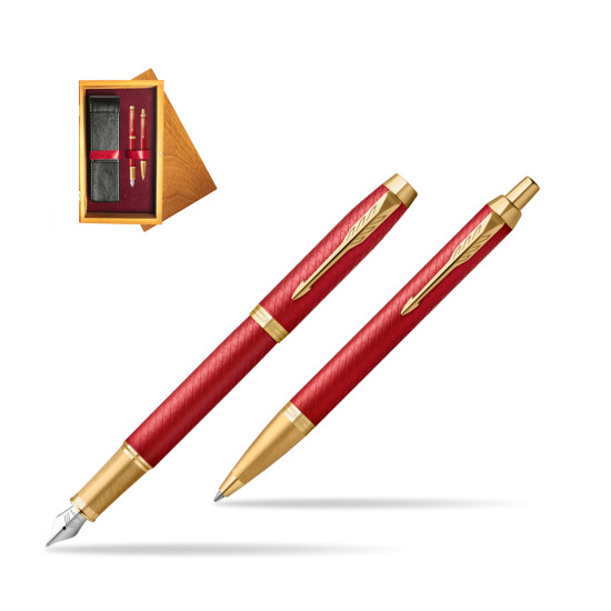 Parker IM Premium Red GT  Penna Stilografica +  Penna a Sfera Set regalo in double wooden box Honey Double Maroon