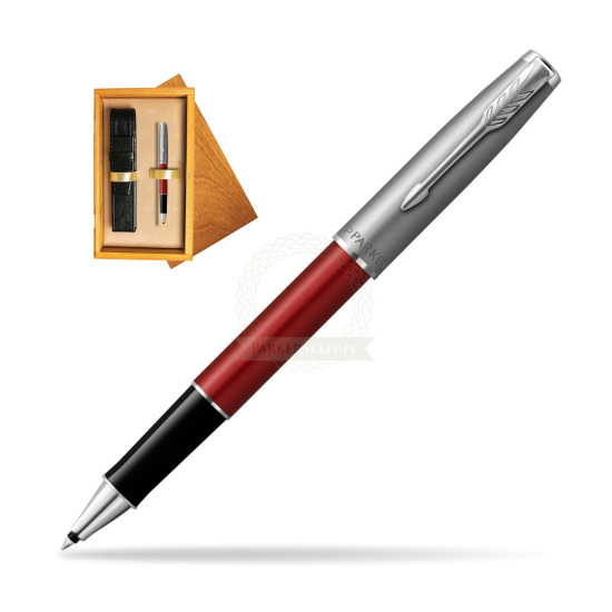Parker Sonnet Sand Blasted Metal Red CT Rollerball Pen in single wooden box Honey Single Ecru