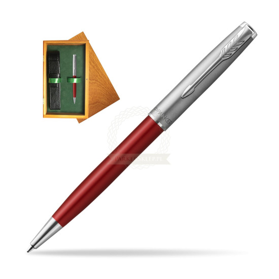 Parker Sonnet Sand Blasted Metal Red CT Penna a Sfera in single wooden box Honey Single Green