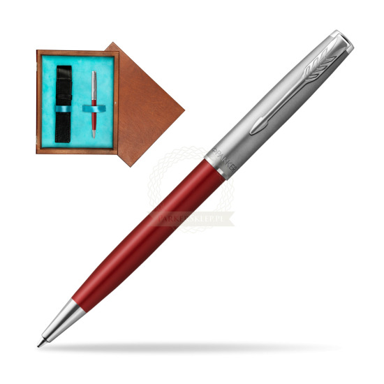 Parker Sonnet Sand Blasted Metal Red CT Penna a Sfera in single wooden box Mahogany Single Turquoise 