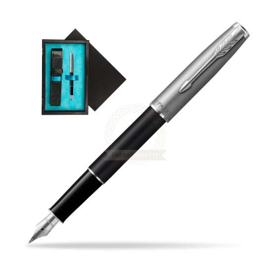 Parker Sonnet Sand Blasted Metal Black CT Penna Stilografica in single wooden box Black Single Turquoise