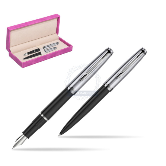 Fountain + Ballpoint Pen Gift Set Waterman Embleme Core Black in suede box fuchsia