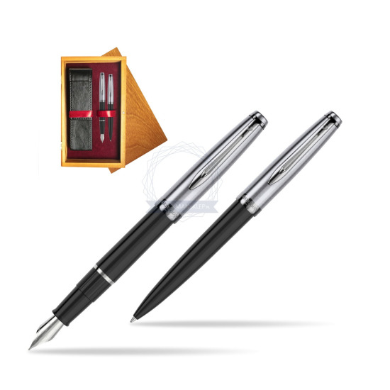 Fountain + Ballpoint Pen Gift Set Waterman Embleme Core Black in double wooden box Honey Double Maroon