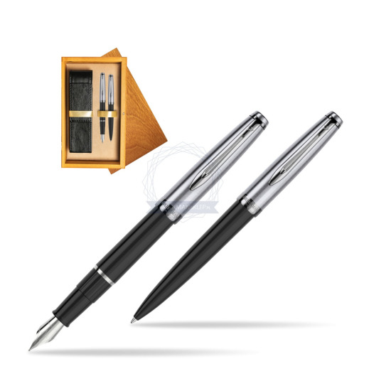 Fountain + Ballpoint Pen Gift Set Waterman Embleme Core Black in double wooden box Honey Double Ecru