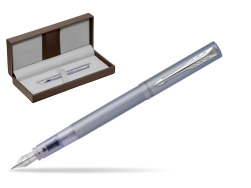 Parker Vector XL Silver Blue Fountain Pen in the brown leather box