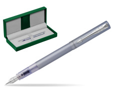 Parker Vector XL Silver Blue Fountain Pen in the green leather box
