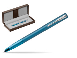 Parker Vector XL Teal Rollerball Pen in the brown leather box