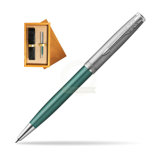 Parker Sonnet Sand Blasted Metal Green CT Penna a Sfera in single wooden box Honey Single Ecru