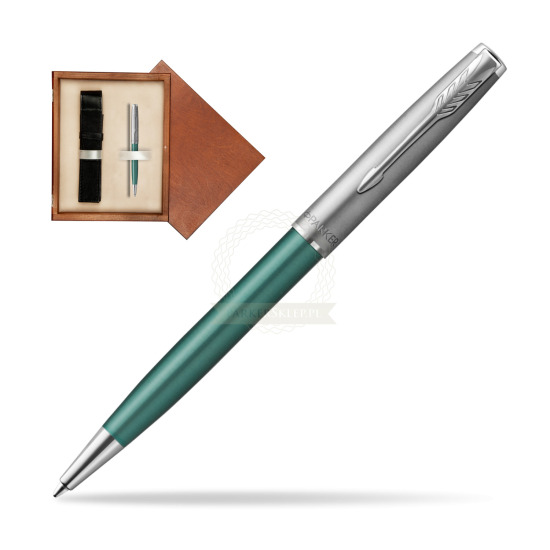 Parker Sonnet Sand Blasted Metal Green CT Penna a Sfera in single wooden box Mahogany Single Ecru