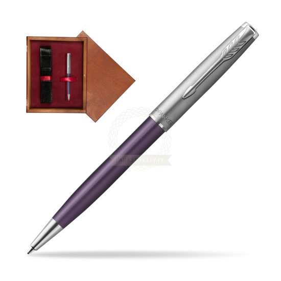 Parker Sonnet Sand Blasted Metal Violet CT Penna a Sfera in single wooden box Mahogany Single Maroon